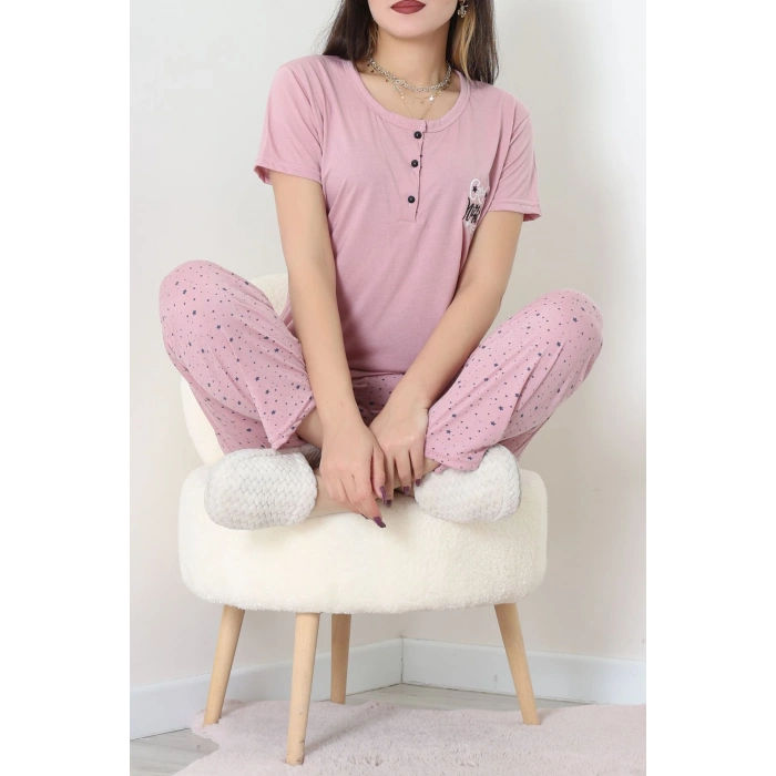 Viskon Kumaş Kısa Kol Pijama Takımı Pembe - 31859.2123.