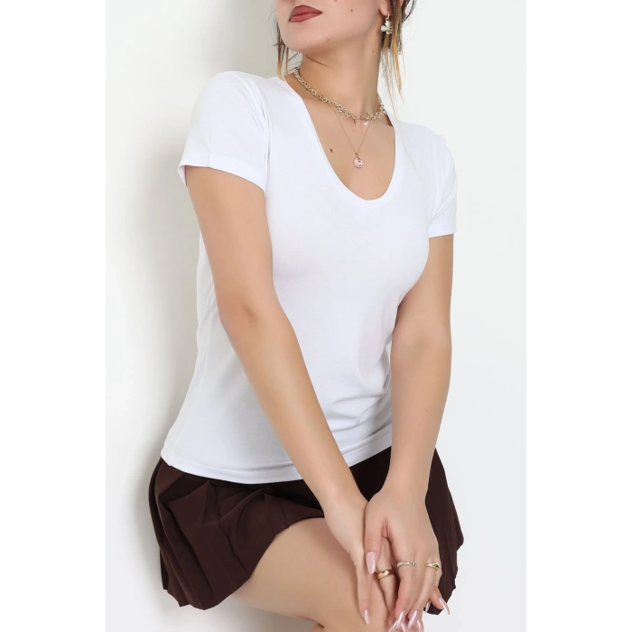 Viskon V Yaka Kısa Kollu Body Beyaz - 5000.2127.