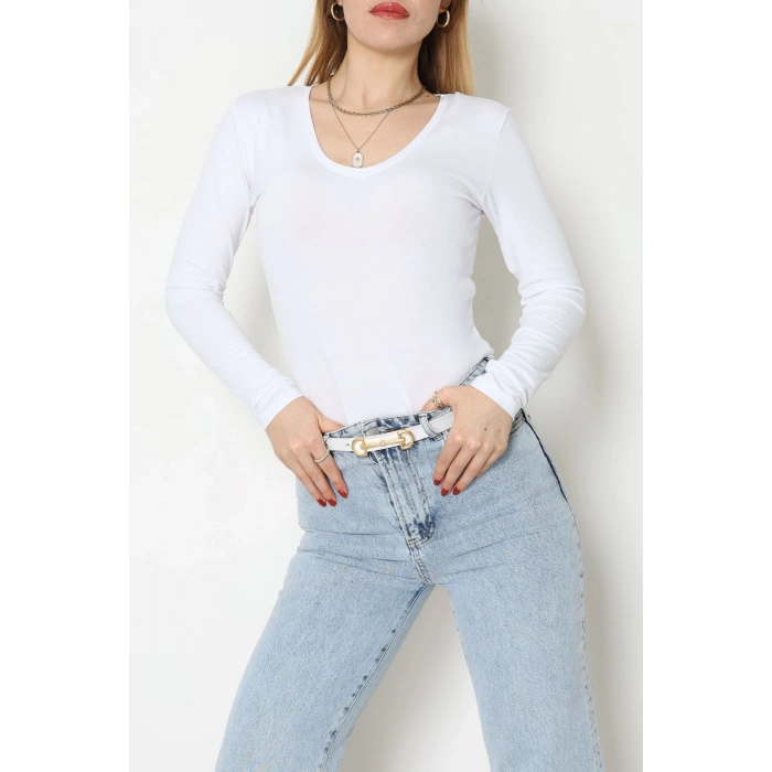 Viskon V Yaka Uzun Kollu Body Beyaz - 4000.2127.