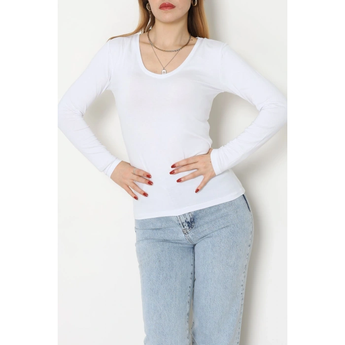 Viskon V Yaka Uzun Kollu Body Beyaz - 4000.2127.