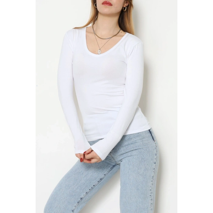 Viskon V Yaka Uzun Kollu Body Beyaz - 4000.2127.
