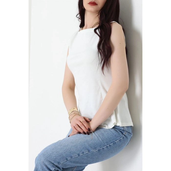 Volanlı Sıfır Kollu Ribana Bluz Ekru - 22070.200.