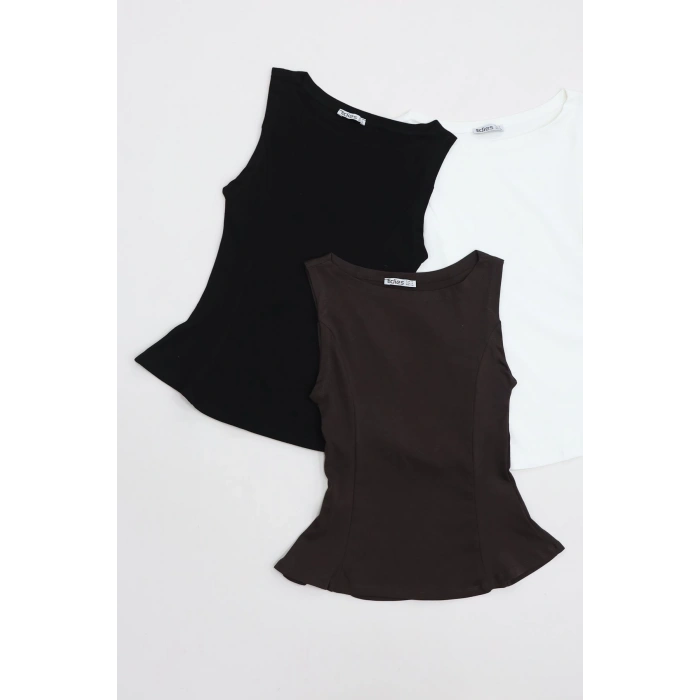 Volanlı Sıfır Kollu Ribana Bluz Ekru - 22070.200.