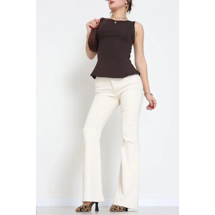 Volanlı Sıfır Kollu Ribana Bluz Kahve - 22070.200.