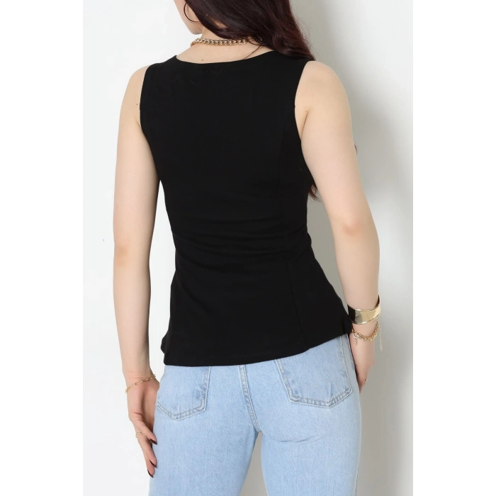 Volanlı Sıfır Kollu Ribana Bluz Siyah - 22070.200.