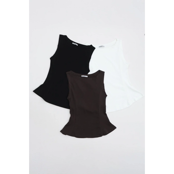 Volanlı Sıfır Kollu Ribana Bluz Siyah - 22070.200.