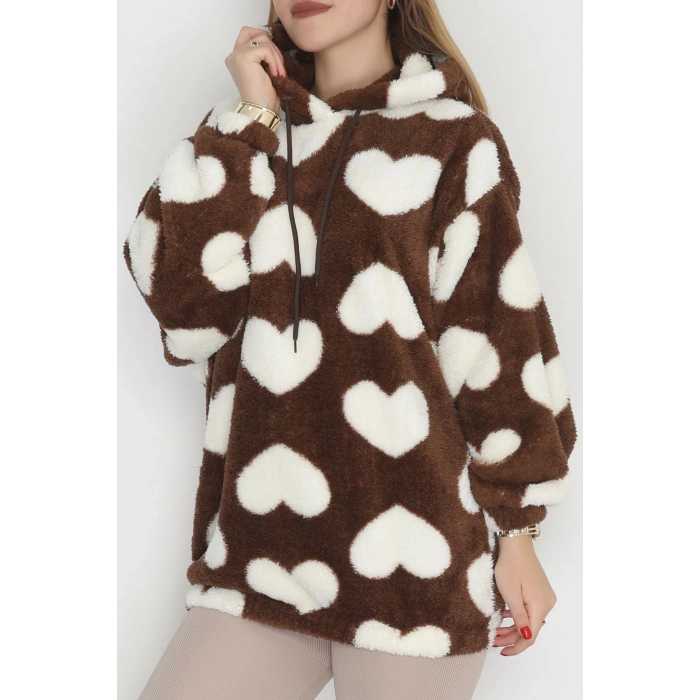 Welsoft Kumaş Kalpli Kapşonlu Sweat Kahvebeyaz - 31606.308.