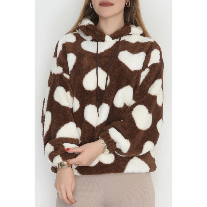 Welsoft Kumaş Kalpli Kapşonlu Sweat Kahvebeyaz - 31606.308.