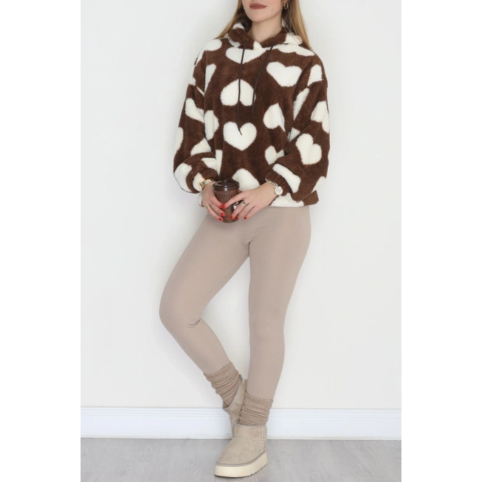 Welsoft Kumaş Kalpli Kapşonlu Sweat Kahvebeyaz - 31606.308.
