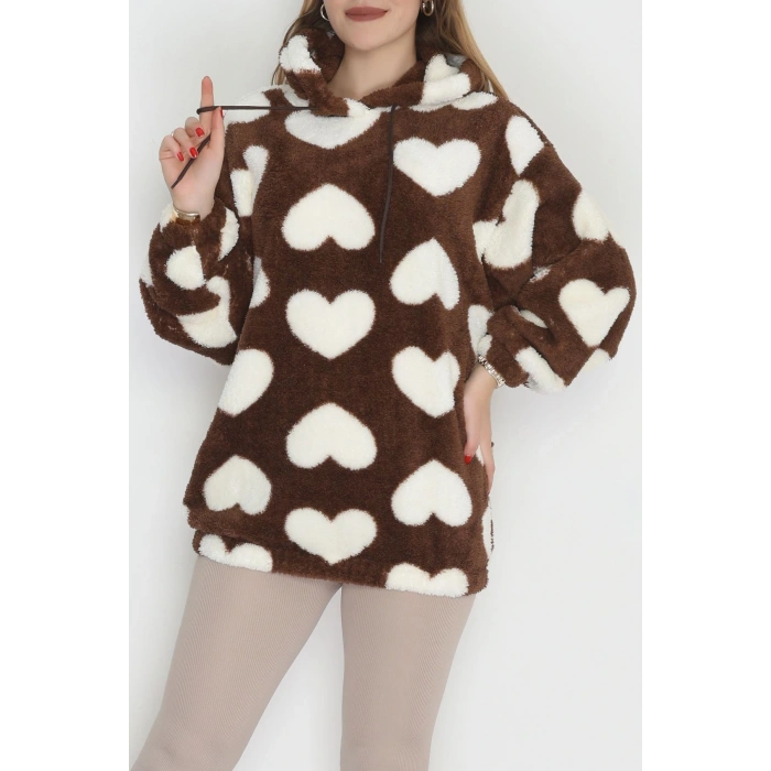 Welsoft Kumaş Kalpli Kapşonlu Sweat Kahvebeyaz - 31606.308.