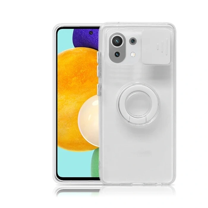 Xiaomi Mi 11 Lite Kılıf Sürgülü Kamera Lens Korumalı Yüzük Standlı Silikon Kılıf-(1903)