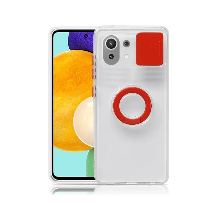 Xiaomi Mi 11 Lite Kılıf Sürgülü Kamera Lens Korumalı Yüzük Standlı Silikon Kılıf-(1903)