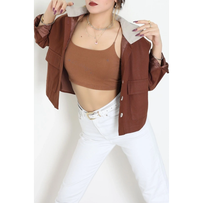 Yaka Fitilli Gabardin Ceket Taba - 8790.179.