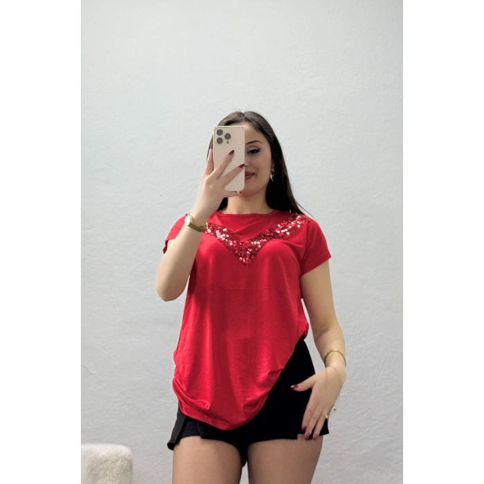 Yaka Pul İşlemeli Viskon Bluz Kırmızı - 70647.599.