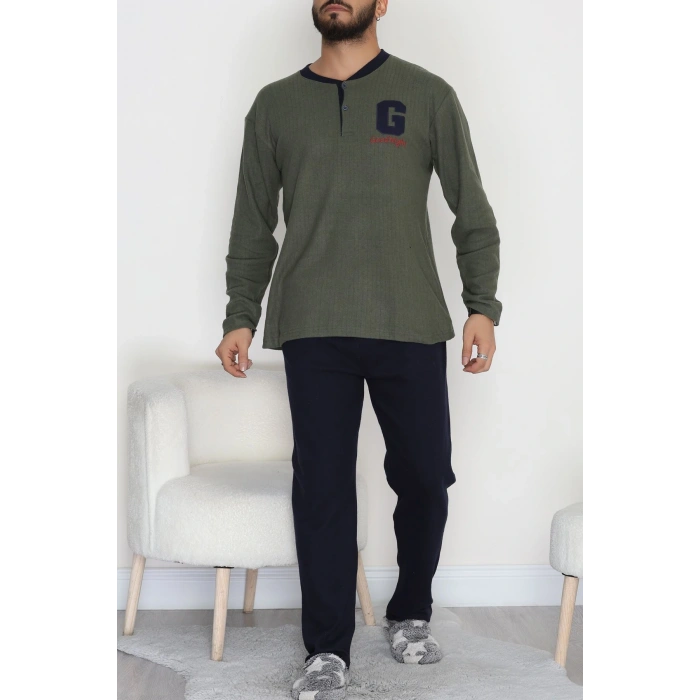 Yakası Düğmeli İnterlok Erkek Pijama Takımı Haki - 52078.1050.