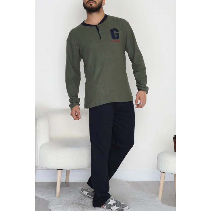 Yakası Düğmeli İnterlok Erkek Pijama Takımı Haki - 52078.1050.