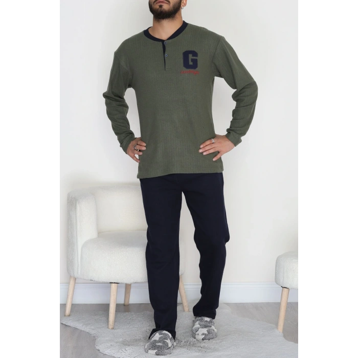 Yakası Düğmeli İnterlok Erkek Pijama Takımı Haki - 52078.1050.