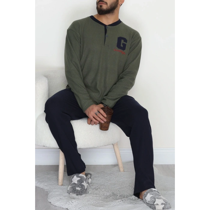 Yakası Düğmeli İnterlok Erkek Pijama Takımı Haki - 52078.1050.