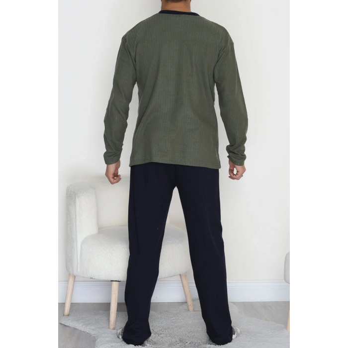 Yakası Düğmeli İnterlok Erkek Pijama Takımı Haki - 52078.1050.