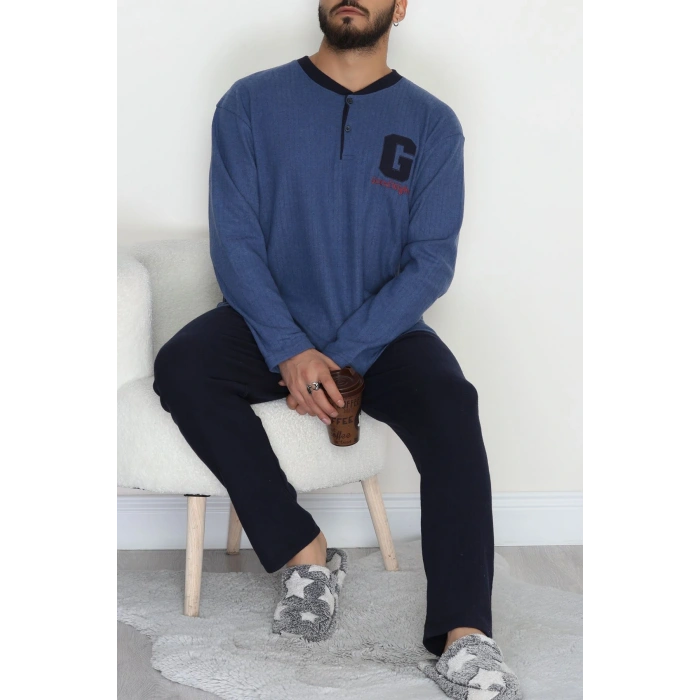 Yakası Düğmeli İnterlok Erkek Pijama Takımı Lacivert - 52078.1050.