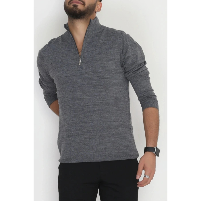 Yakası Fermuarlı Erkek Triko Füme - 2550.2052.