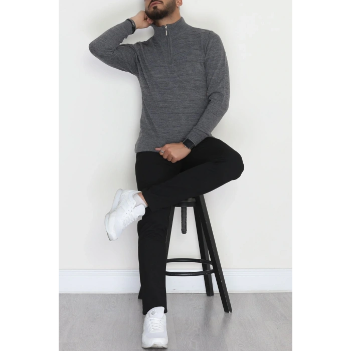 Yakası Fermuarlı Erkek Triko Füme - 2550.2052.