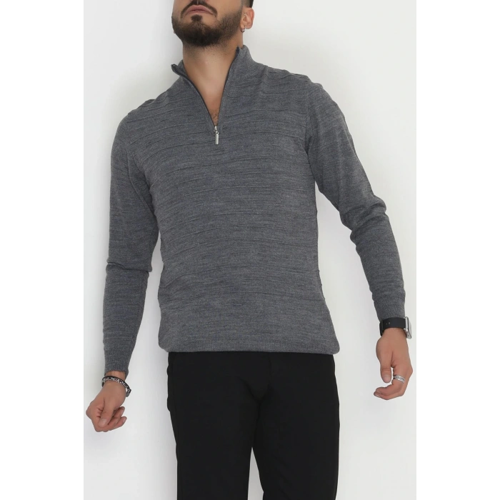 Yakası Fermuarlı Erkek Triko Füme - 2550.2052.