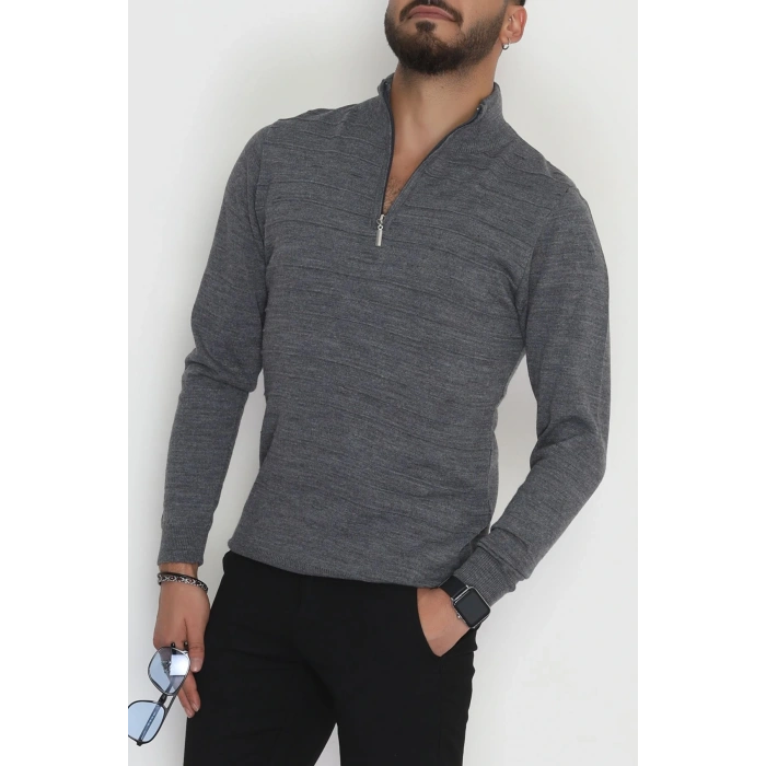 Yakası Fermuarlı Erkek Triko Füme - 2550.2052.