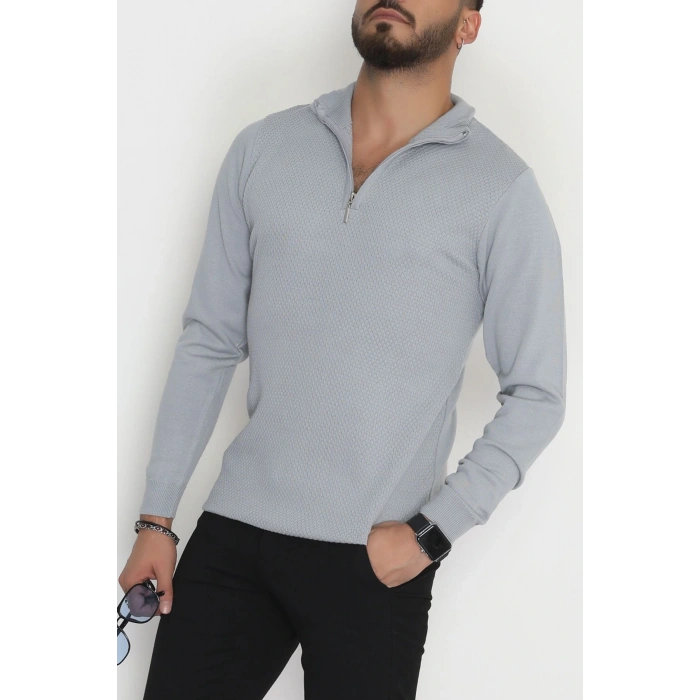 Yakası Fermuarlı Erkek Triko Gri - 2540.2052.