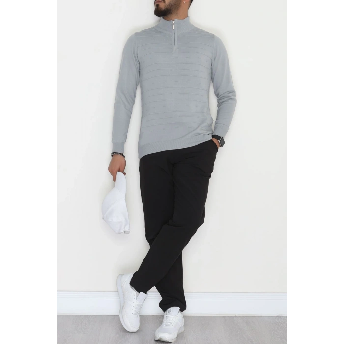 Yakası Fermuarlı Erkek Triko Gri - 2550.2052.