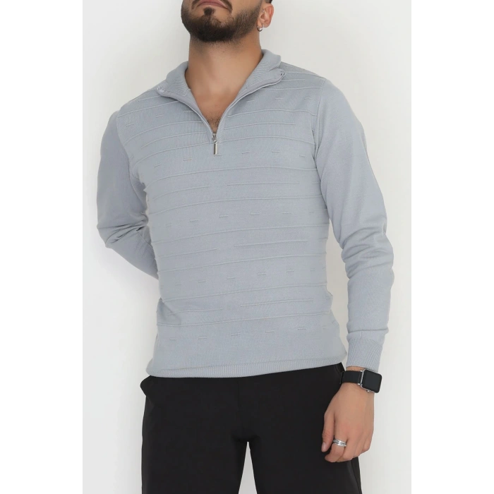Yakası Fermuarlı Erkek Triko Gri - 2550.2052.