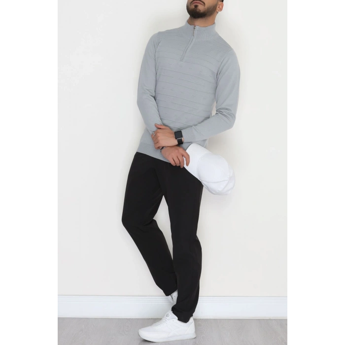 Yakası Fermuarlı Erkek Triko Gri - 2550.2052.