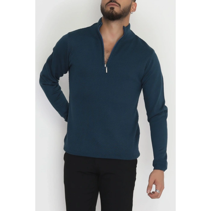 Yakası Fermuarlı Erkek Triko Petrol - 2540.2052.