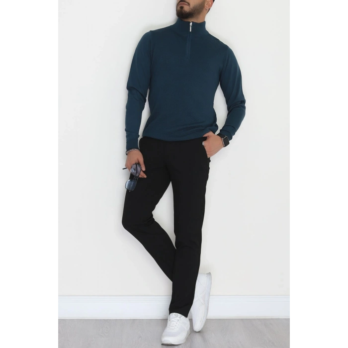 Yakası Fermuarlı Erkek Triko Petrol - 2540.2052.