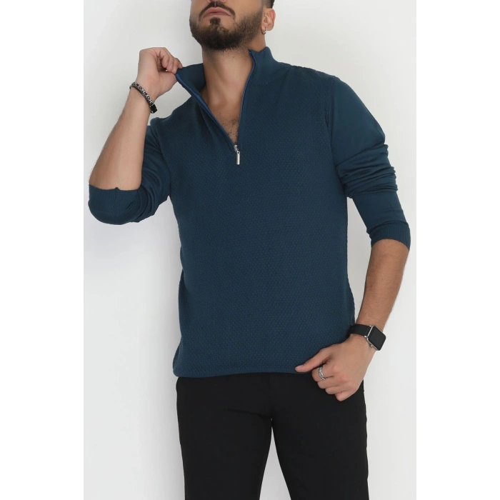Yakası Fermuarlı Erkek Triko Petrol - 2540.2052.