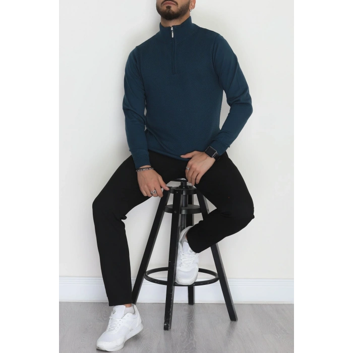 Yakası Fermuarlı Erkek Triko Petrol - 2540.2052.