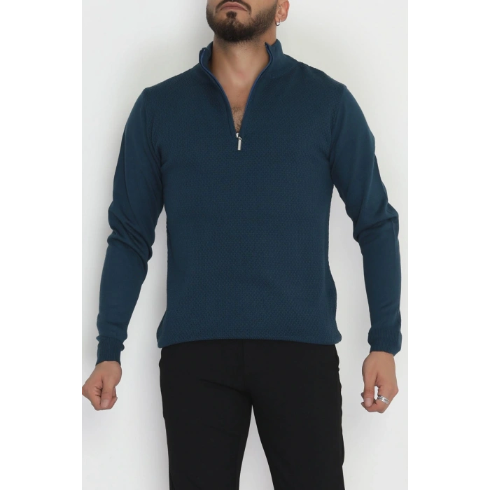 Yakası Fermuarlı Erkek Triko Petrol - 2540.2052.