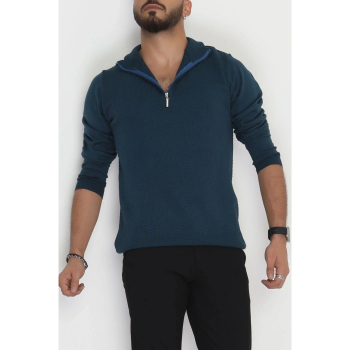 Yakası Fermuarlı Erkek Triko Petrol - 2540.2052.