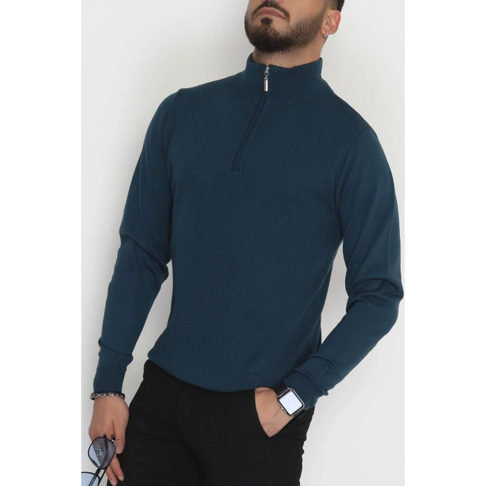 Yakası Fermuarlı Erkek Triko Petrol - 2540.2052.