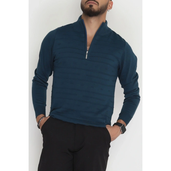Yakası Fermuarlı Erkek Triko Petrol - 2550.2052.