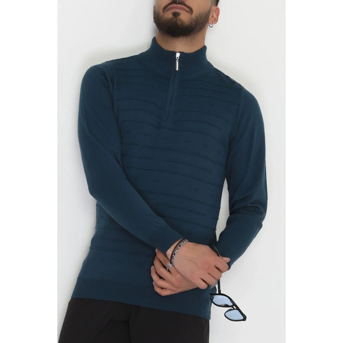 Yakası Fermuarlı Erkek Triko Petrol - 2550.2052.