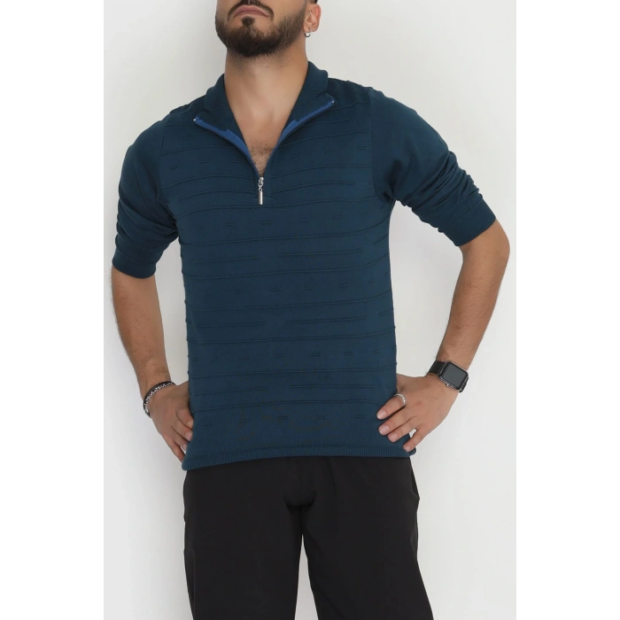 Yakası Fermuarlı Erkek Triko Petrol - 2550.2052.