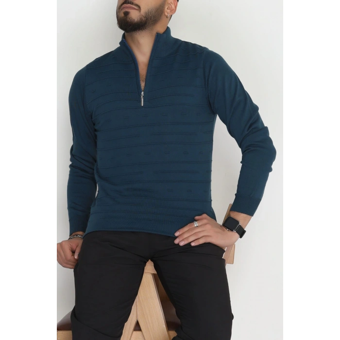 Yakası Fermuarlı Erkek Triko Petrol - 2550.2052.