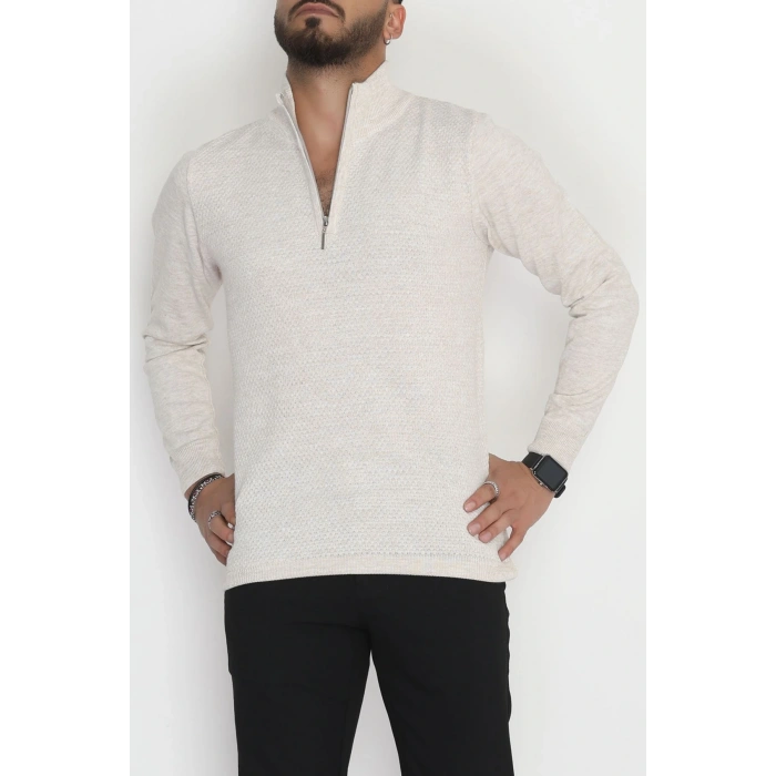 Yakası Fermuarlı Erkek Triko Taş - 2540.2052.