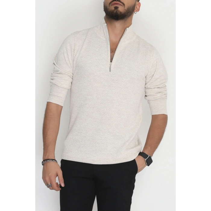 Yakası Fermuarlı Erkek Triko Taş - 2540.2052.