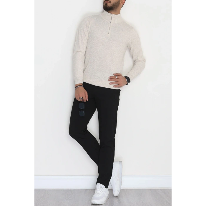 Yakası Fermuarlı Erkek Triko Taş - 2540.2052.