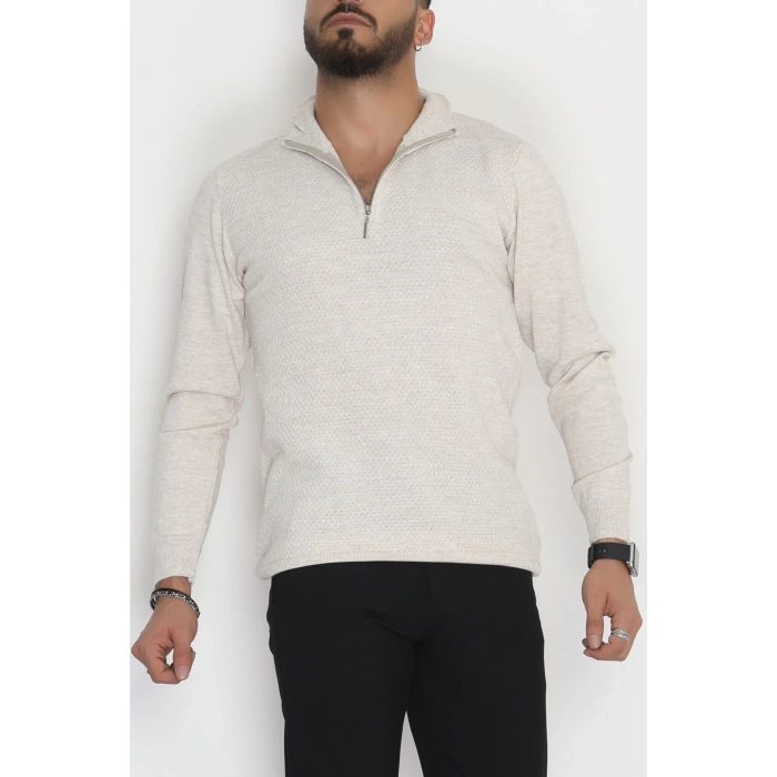 Yakası Fermuarlı Erkek Triko Taş - 2540.2052.