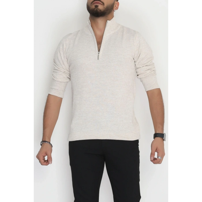 Yakası Fermuarlı Erkek Triko Taş - 2540.2052.