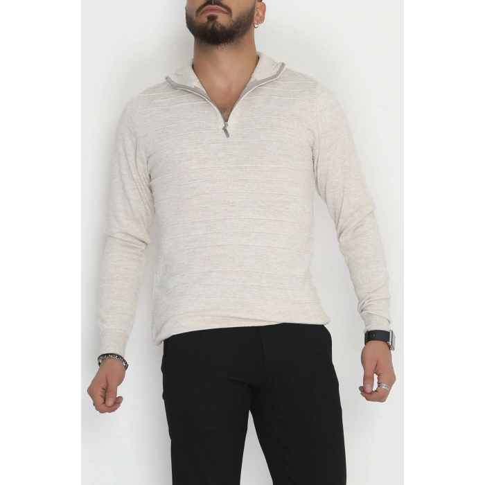 Yakası Fermuarlı Erkek Triko Taş - 2550.2052.