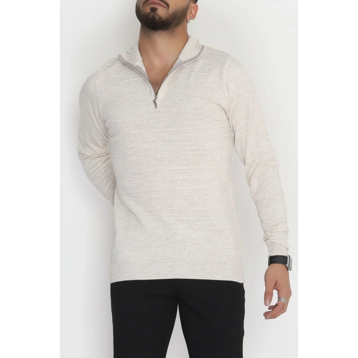 Yakası Fermuarlı Erkek Triko Taş - 2550.2052.